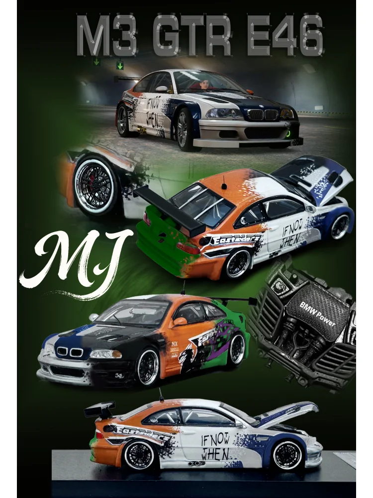 MJ 1:64 BMW M3E46 Necesita velocidad ​ ​ pintura de ensamblaje, capó se puede abrir, incluidos detalles del motor, modelo de coche de aleación.