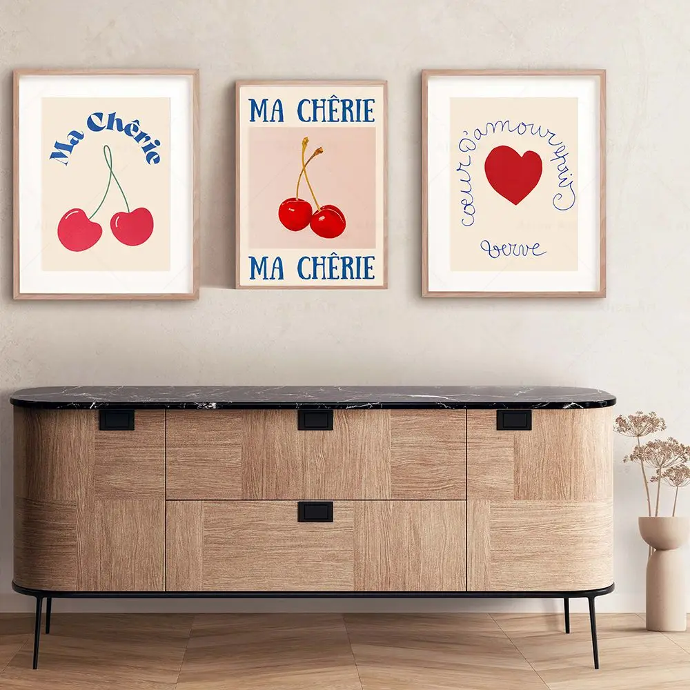 Loving Heart  Cherry Posters Wall Pictures Fashion Nordic Cute Sweet Home Decor for Living Room 70s Retro Canvas Painting Print