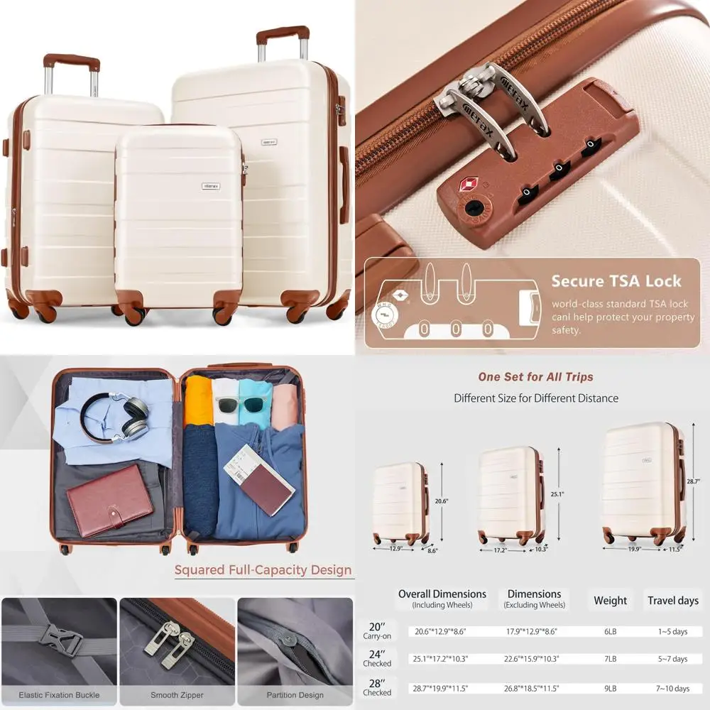 

3-piece abs hardside luggage set with tsa lock, spinner wheels, pearl white, 20/24/28 inch