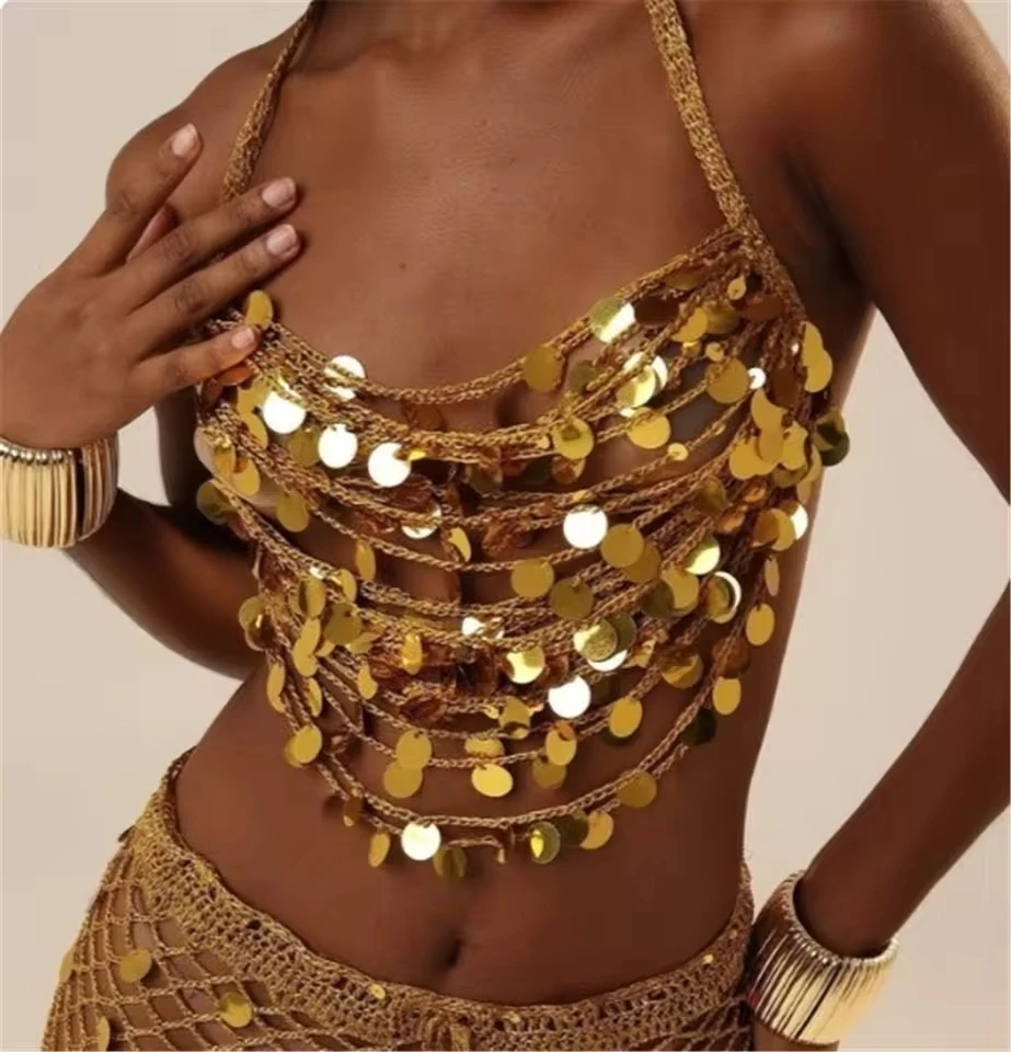 New European And American Style Sexy Gold And Silver Metal Chain With Sequin Chain Halter Top, Hot Girl Vest Body Chain