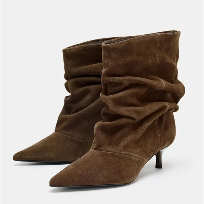 

Brown Retro Designer Ankle Boots Women Pointed-Toe Pleated Short Boots Female Elegant Suede Winter High Boots Bottes Femmes