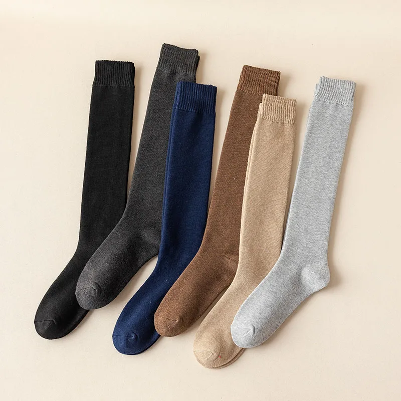 2 Pair Winter Men's Terry Knee Socks Thick Warm Harajuku  High Quality Long Cotton Socks Soft Casual Business Socks Man