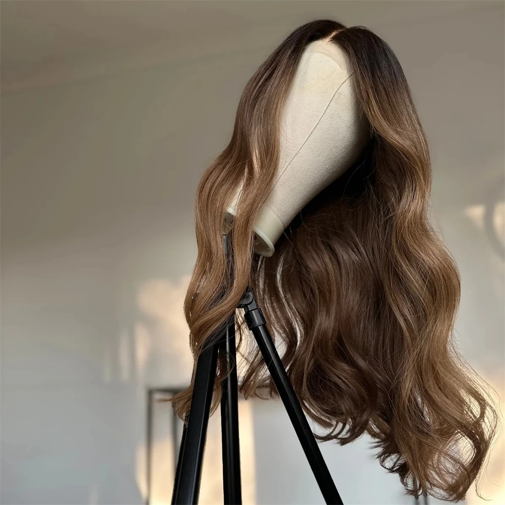13x4 Free Part Ombre Dark Brown Synthetic HD Lace Front Wig for White Black Women Soft Long Natural Body Wave Wig 28 Inch Party