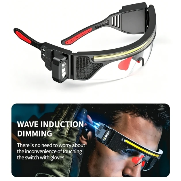 8 Modes Memory F Unction Rechargeable LED Safety Glasses Light with Motion Sensor COB Work Light and 3 Interchangeable Lenses