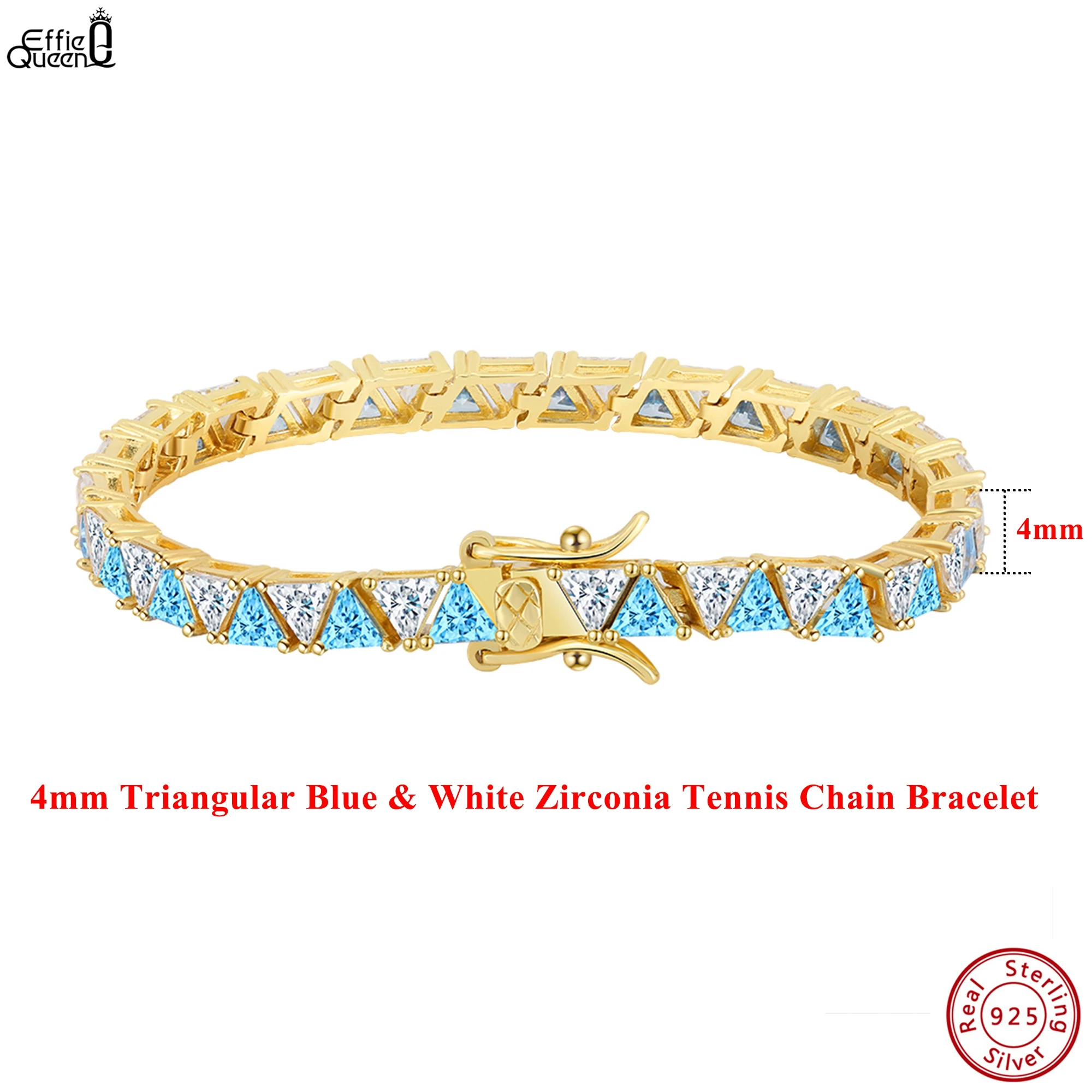 

EFFIE QUEEN 925 Sterling Silver Tennis Chain Bracelet With 5A Cubic White & Azure Zirconia Decoration Triangle Strand Gift SB207