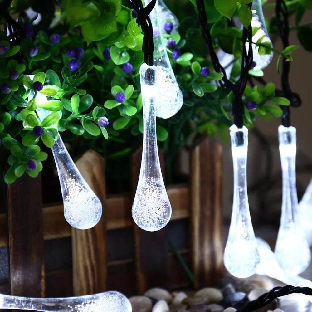 12/7/5m -100/50/20 LEDS Outdoor Water Drops Solar Lamp String Lights Fairy Holiday Christmas Party Garland Garden Waterproof