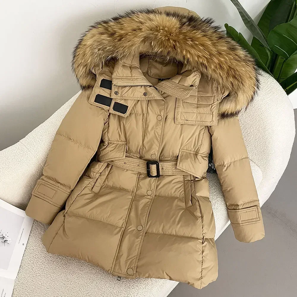 سترة نسائية بغطاء رأس من الفرو الحقيقي ، معطف دافئ سميك منفوخ ، معطف فرو ثعلب حقيقي والراكون ، بطة بيضاء ، حزام ، سيدة ، جديد ، شتاء ، #5