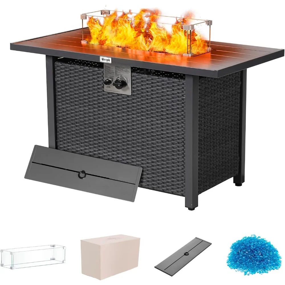 Outdoor Propane Fire Pit Table with Auto Ignition 50000 BTU 2 in 1 Patio Heater Lava Rock Wind Guard Rattan Fence Black