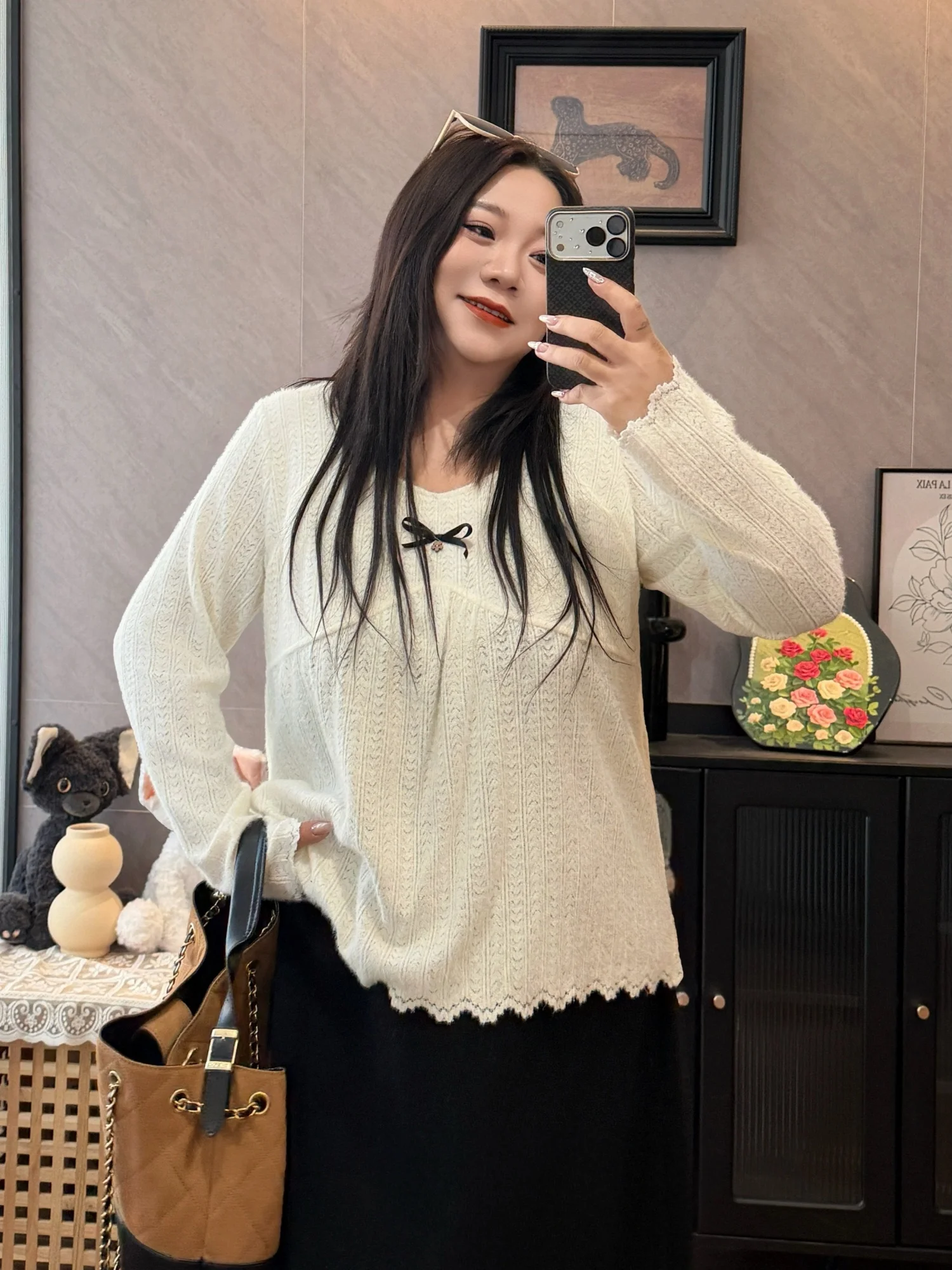 

Вязаный джемпер больших размеров с длинным рукавом, универсальный дизайн, корейский стиль, стройнящий силуэт, для осени и зимы, для повседневной носки, с узлом