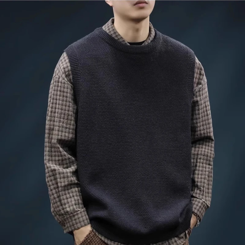 

Round Neck Sweater Vest Men's Cotton Black Autumn Winter Bottoming Pullover Sweater Thickened Warm Inner Knitwear Loose Casual