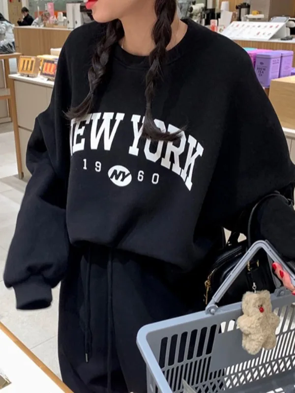 

Chic Fce round Ne Sweatirt Women's Anti-Aging Color Blo Letter Print Loose Top plus Sport Sweatpants Set