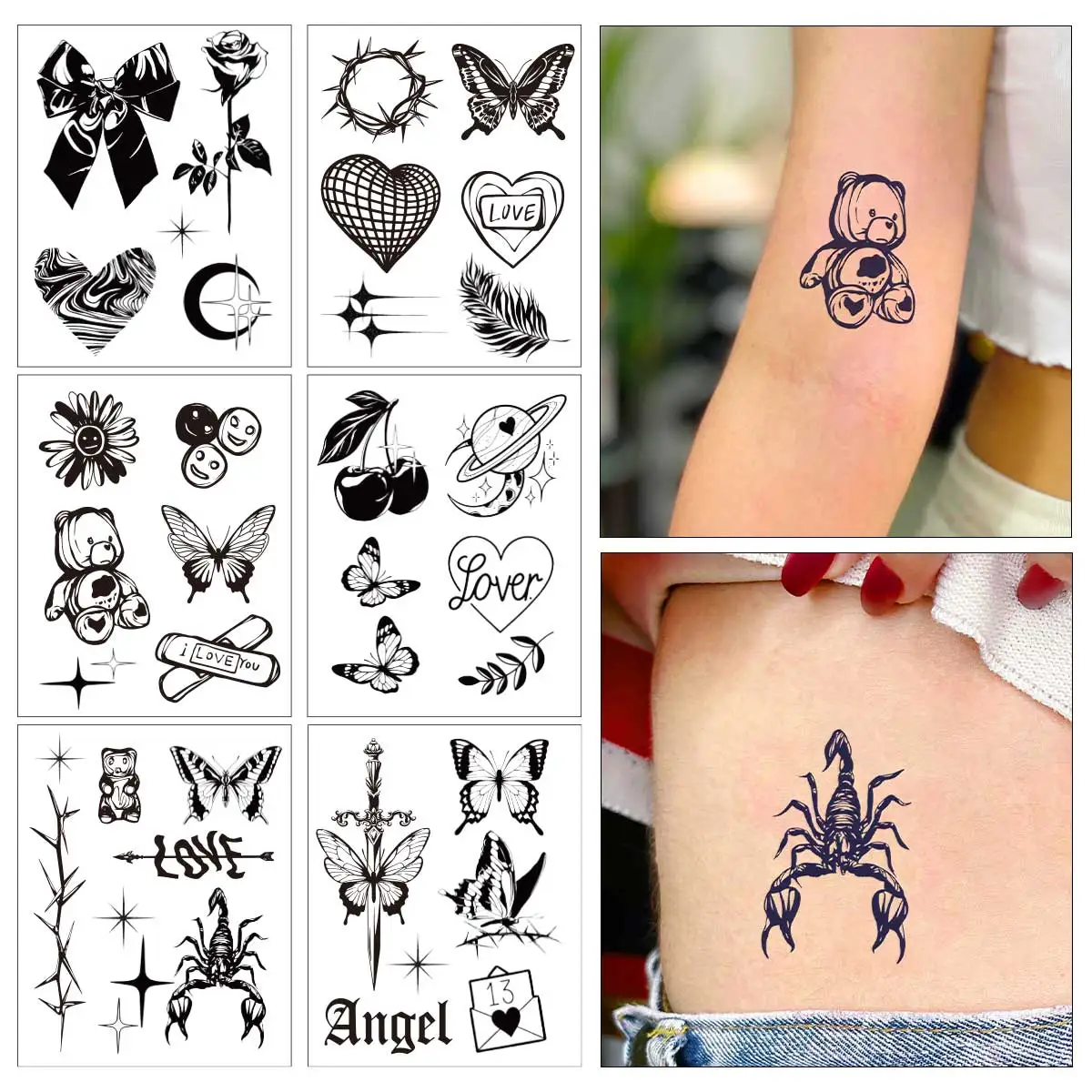 

6pcs/set Black Butterfly Heart Temporary Tattoo Stickers Bowknot Fake Tattoo Waterproof Tattoo Legs Arm Body Art for Women