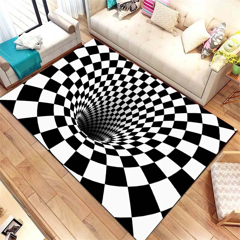 3D Vortex Illusion Black and White Rug for Bedroom Floor Mat Abstract Geometric Optical Vertigo Carpet Non-slip Livingroom Decor