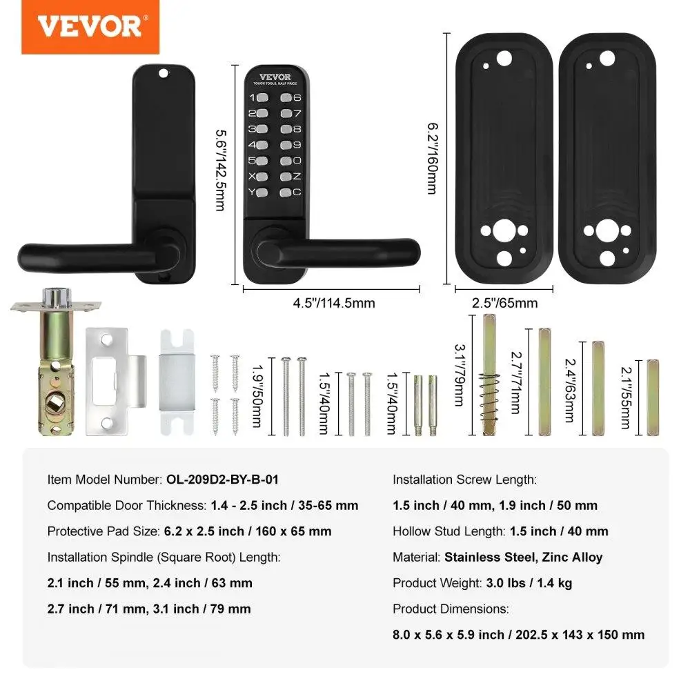Mechanical Keyless Entry Door Lock Outdoor Use 14 Digit Keypad Waterproof Design Zinc Alloy Construction Easy Installation for