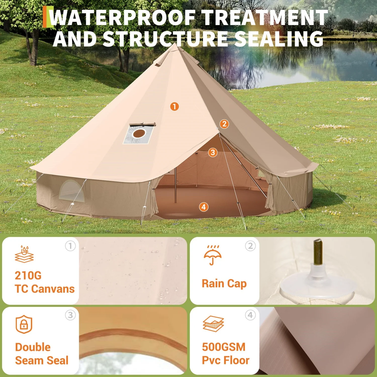 10FT/13.1FT/16.4FT/20FT Canvas Bell Tent, Camping Tent with Stove Jack, PVC Detachable Groundsheet, Mesh Window, 4 Season Use, Yurt Hot Tents for Glamping, Family, Party