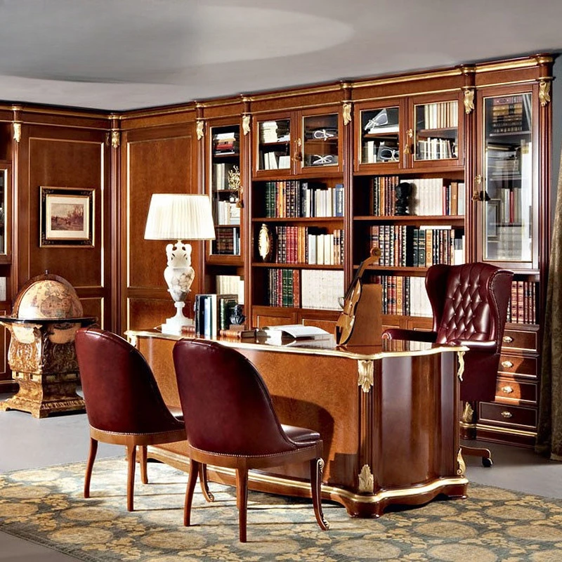 

European table solid wood carving flower desk French luxury study desk writing desk swivel chair combination