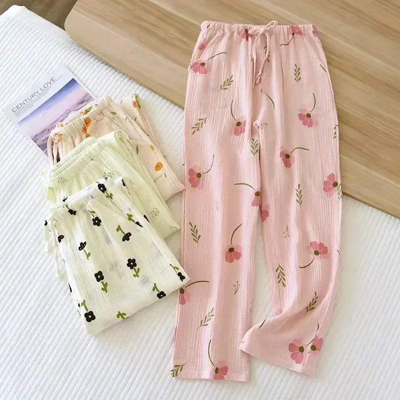 Lang druck Pyjama Frauen Sommer lose neue 100% 2023 Herbst Blumen Lounge wear Nachtwäsche Damen Gaze Hosen Baumwolle