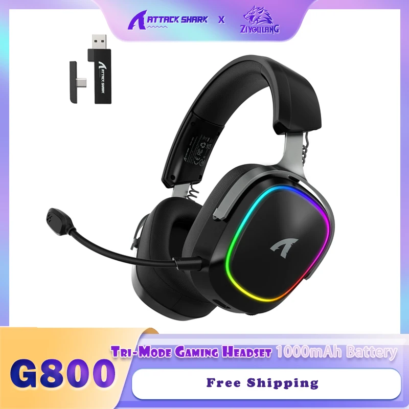 

ATTACK SHARK G800 Wireless Gaming Headset with Aluminum alloy frame, 7.1 Surround Sound Bendable ENC Mic, 1000 mAh, 50mm Driver