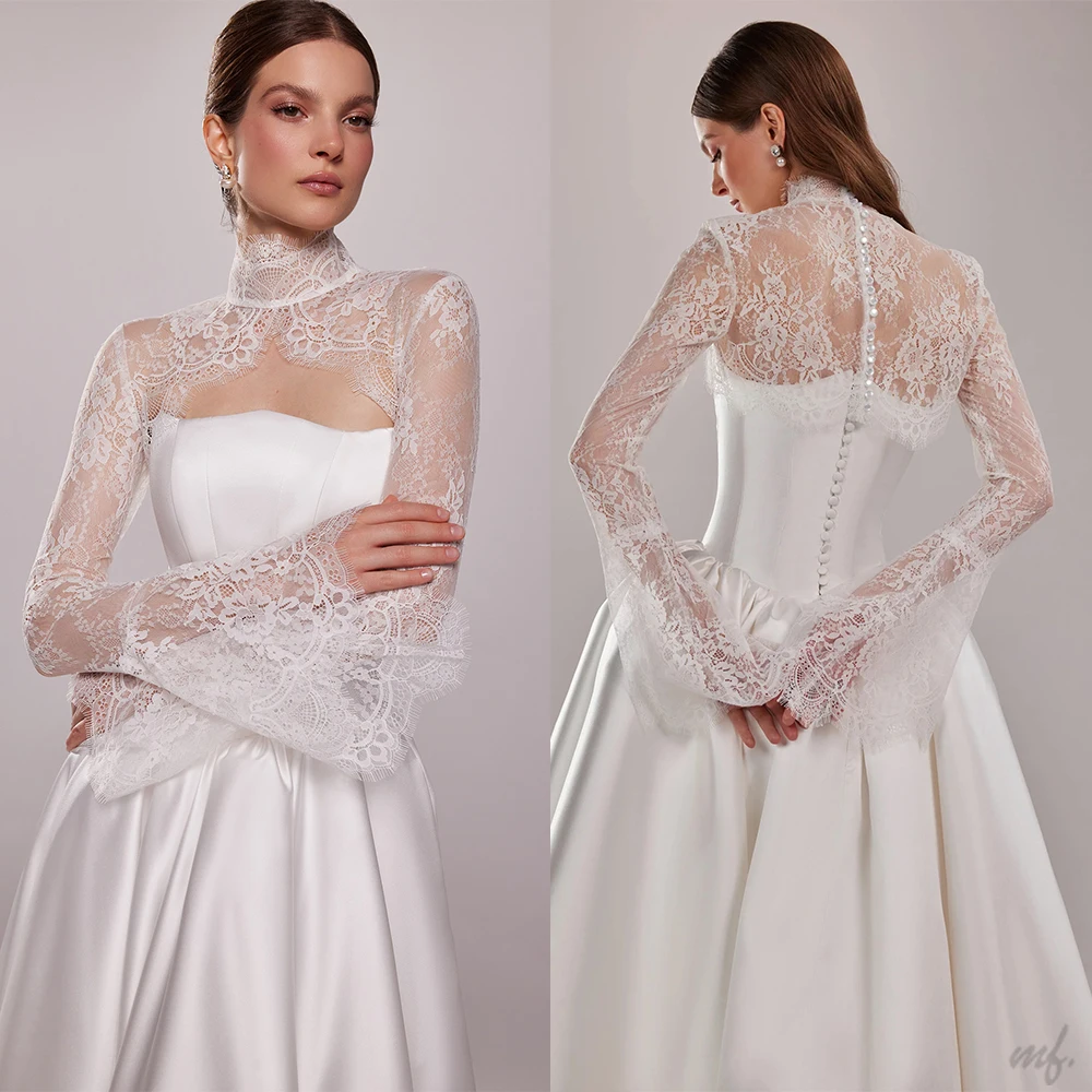Luxury Ivory Sheer Lace High-Neck Bridal Bolero with Cutout and Pearl Button Back Women Wedding Capelet Customized J26928