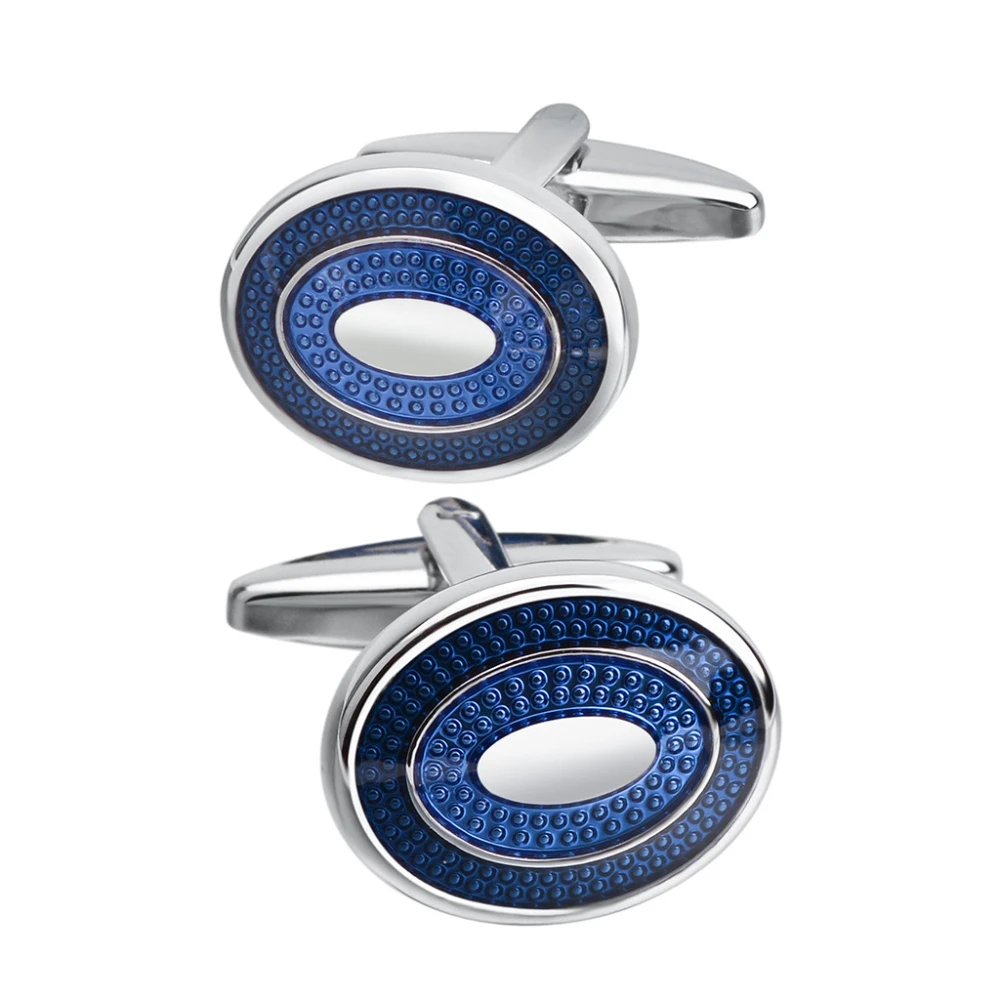 Men's Oval Blue Enamel Cufflinks Silver Tone Metal Cuff Links Business Wedding Formal Dress Shirt Cuff Jewelry Gentleman Gift