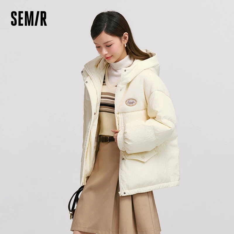 Semir Down Jacket Women Loose Spliced Imitation Lamb Wool Top Personality Winter Hooded Texture White Coat