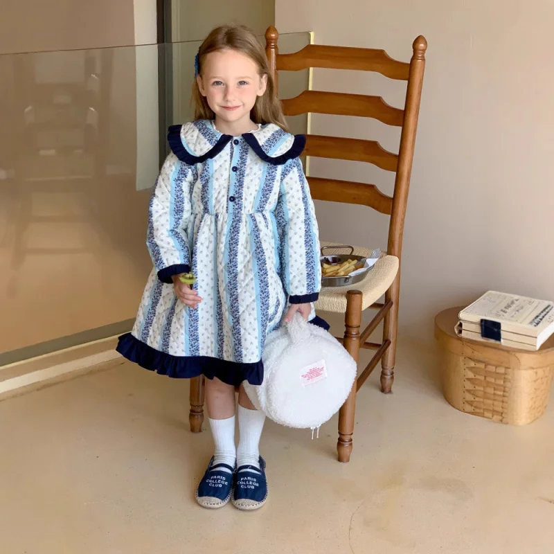 

Korean Girl Printed Cotton Dress Winter Korean Style Toddler Large Collar Thickened Dress Girl Mid-Length Padded Dress