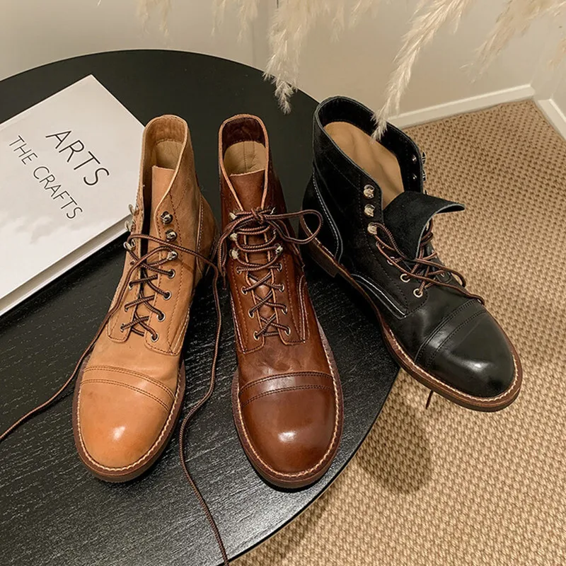 

Cowhide Martin Boots Women's Motorcycle Sports Outdoor Riding Camping New Round Head Mid Heel Lace up Casual Women's Short Shoes