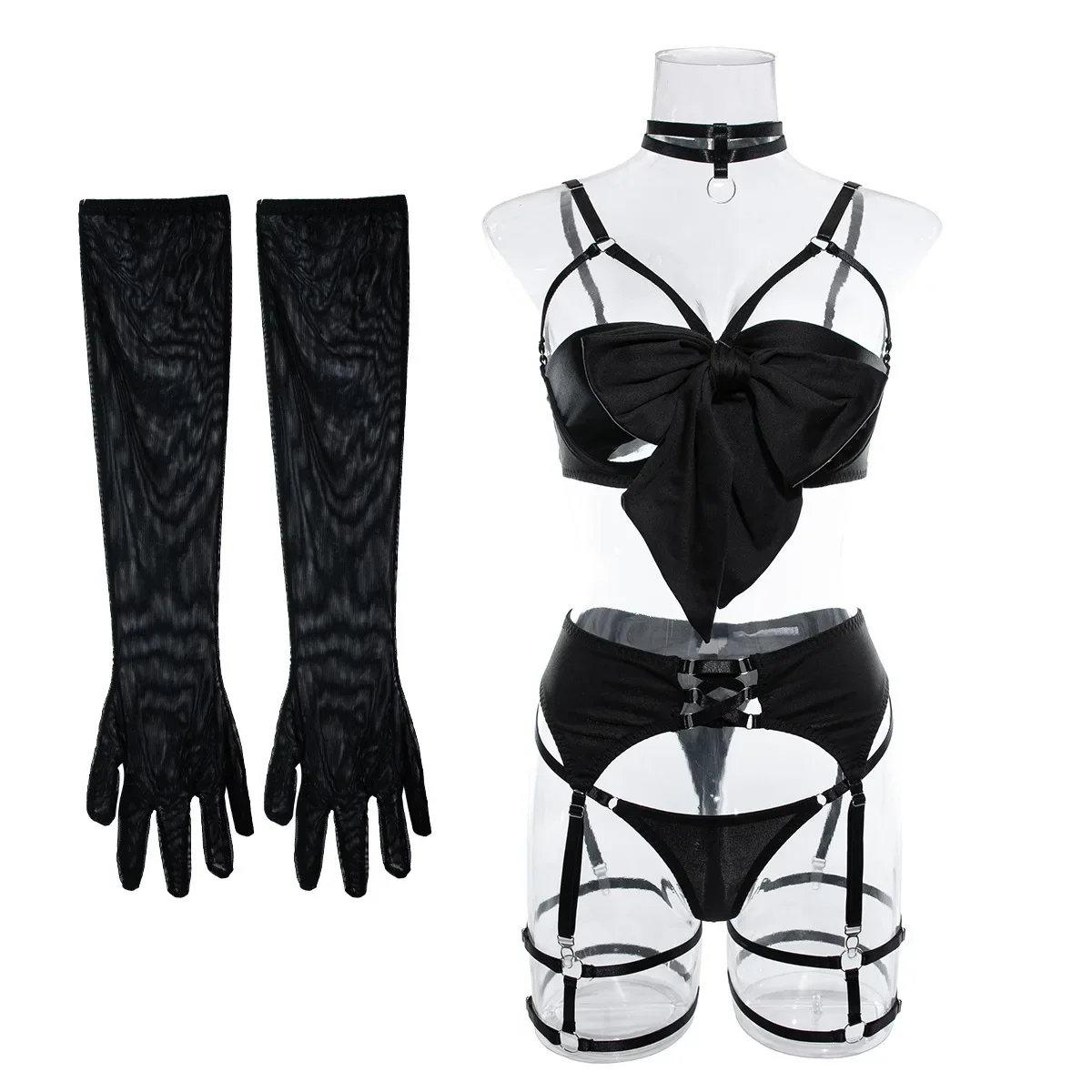 Conjunto de lencería Sexy con lazo calado para mujer, ropa exótica sólida, traje femenino, ropa interior de estilo puro deseo con liga y guantes