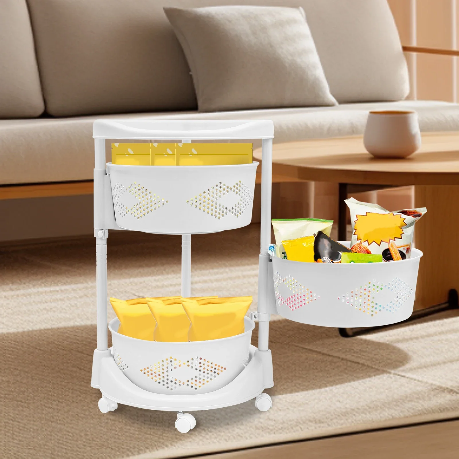 

Bymaocar 3-layer Rotatable Storage Rack, Kitchen Vegetable & Fruit Storage Basket W/ Wheels, Free Standing PP Storage Organizer