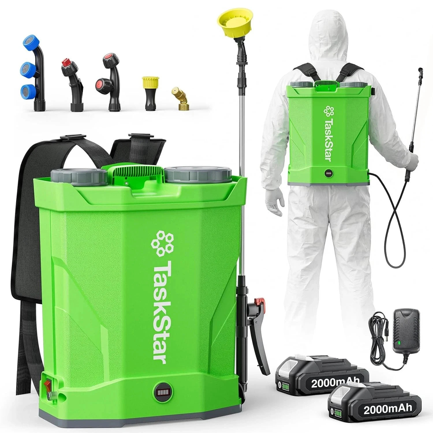 TaskStar Battery Powered Backpack Sprayer 4 Gallon, 100 PSI Electric Garden Sprayer Compatible with Makita 18V Battery, 16L Knapsack Sprayer with Telescopic Wand & 6 Nozzles, 2*2.0Ah Battery & Charger Included. Used for Weeding and Pest Control