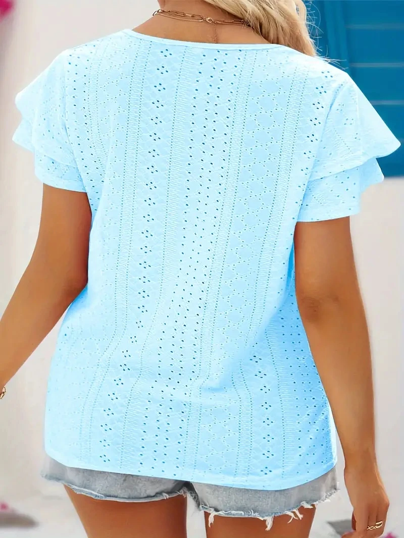 Plus Size Eyelet Solid Tie Front T-Shirt, Casual Layered Trim Short Sleeve Top For Spring & Summer, Women's Plus Size Clothing