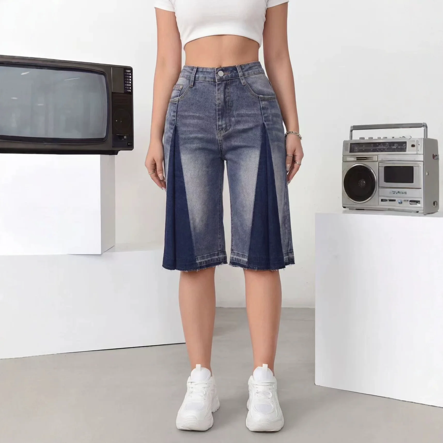 Denim Pant Women Jeans Vintage Wide Leg Knee Length Pants High Waist Straight Trousers Y2k Streetwear Elegant Work Casual Loose
