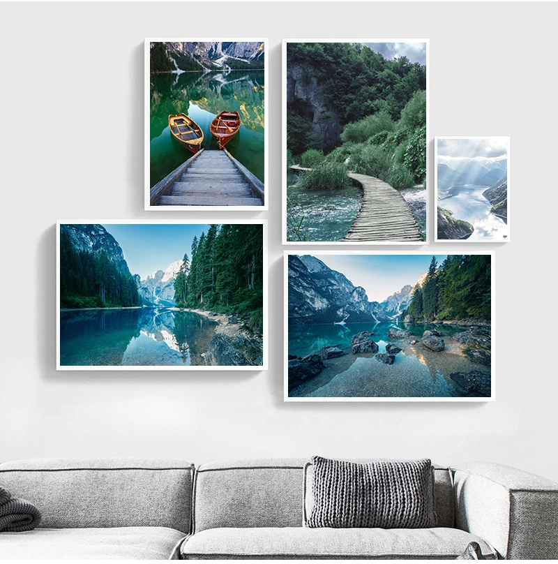 Scandinavian Nature Landscape Poster Nordic Style Print Mountain Lake Boat Wall Art Picture Painting Modern Living Room Decor