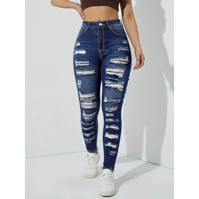 Overseas Warehouse Direct Hair Cross-Border European and American Ripped Frayed High Elastic Denim Skinny Pants BlueTEMUAmazonSH