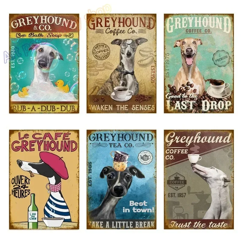 Italian Greyhound Dog Pet Coffee Bar Dog Coffee House Vintage Plaque Poster Sign Wall Decor Hanging Metal Decoration 8x12in