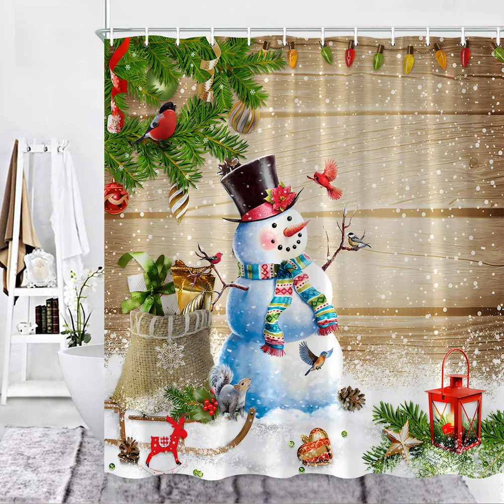 

Christmas Decor Shower Curtain, Funny Snowman Snow Pine Tree Branch Bird On Wooden Board Fabric Washable Bathroom Curtain Set