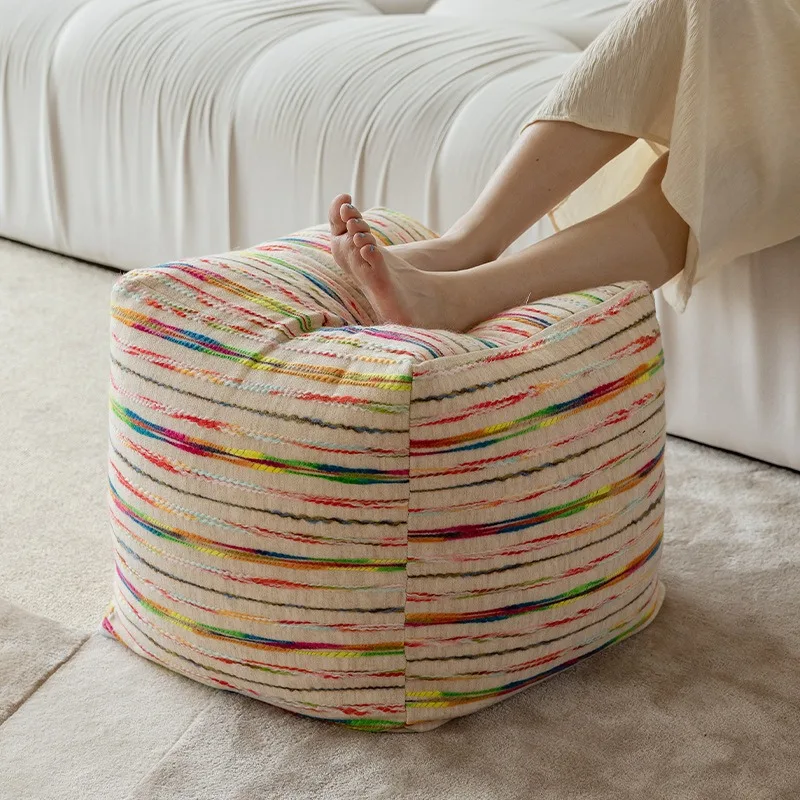 Boho Rainbow Striped Pouf Ottoman Soft Fabric Foot Stool Floor Seat For Living Room Home Decor