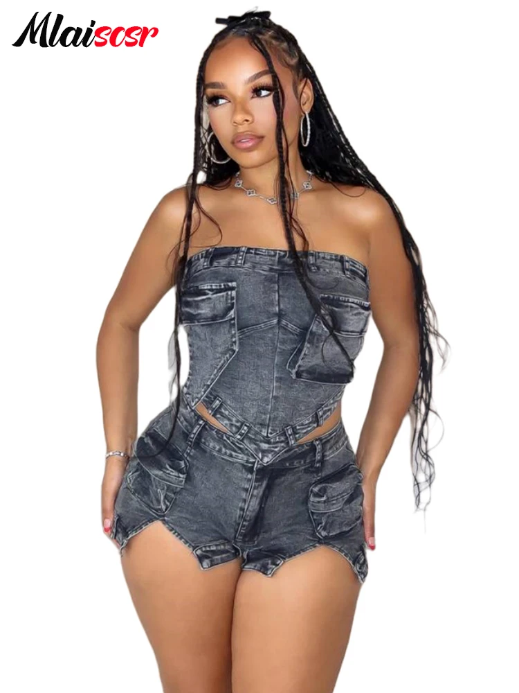 Mlaiscsr Black Stretch Denim Pocket Women Two 2 Piece Set Strapless Tops and Shorts Jean Matching Hipster Club Birthday Outfits