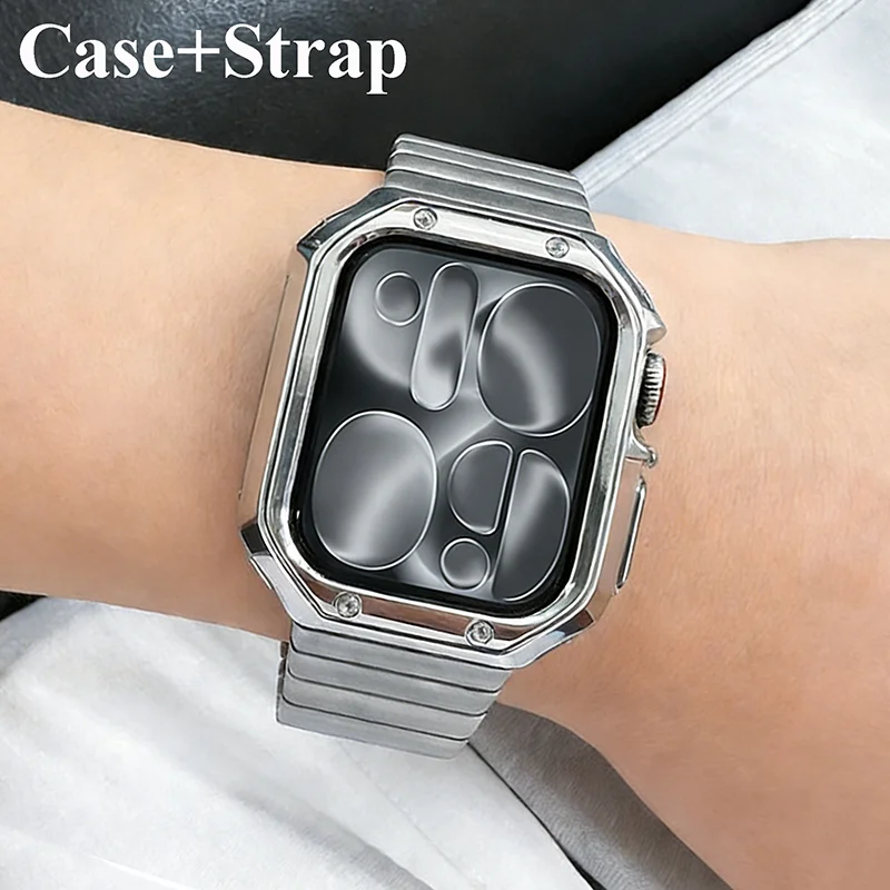

Чехол из ТПУ + металлический ремешок для Apple Watch Ultra, ремешок 49 мм, 46 мм, 42 мм, 45/44 мм, 41 мм, 40/38, браслет из нержавеющей стали, серия 11, 10, 9, 8, 7 SE
