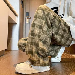 Green Plaid Pants Men Harajuku Winter Wide Leg Checked Trousers Male Oversize Big Size Casual Sweatpants Streetwear