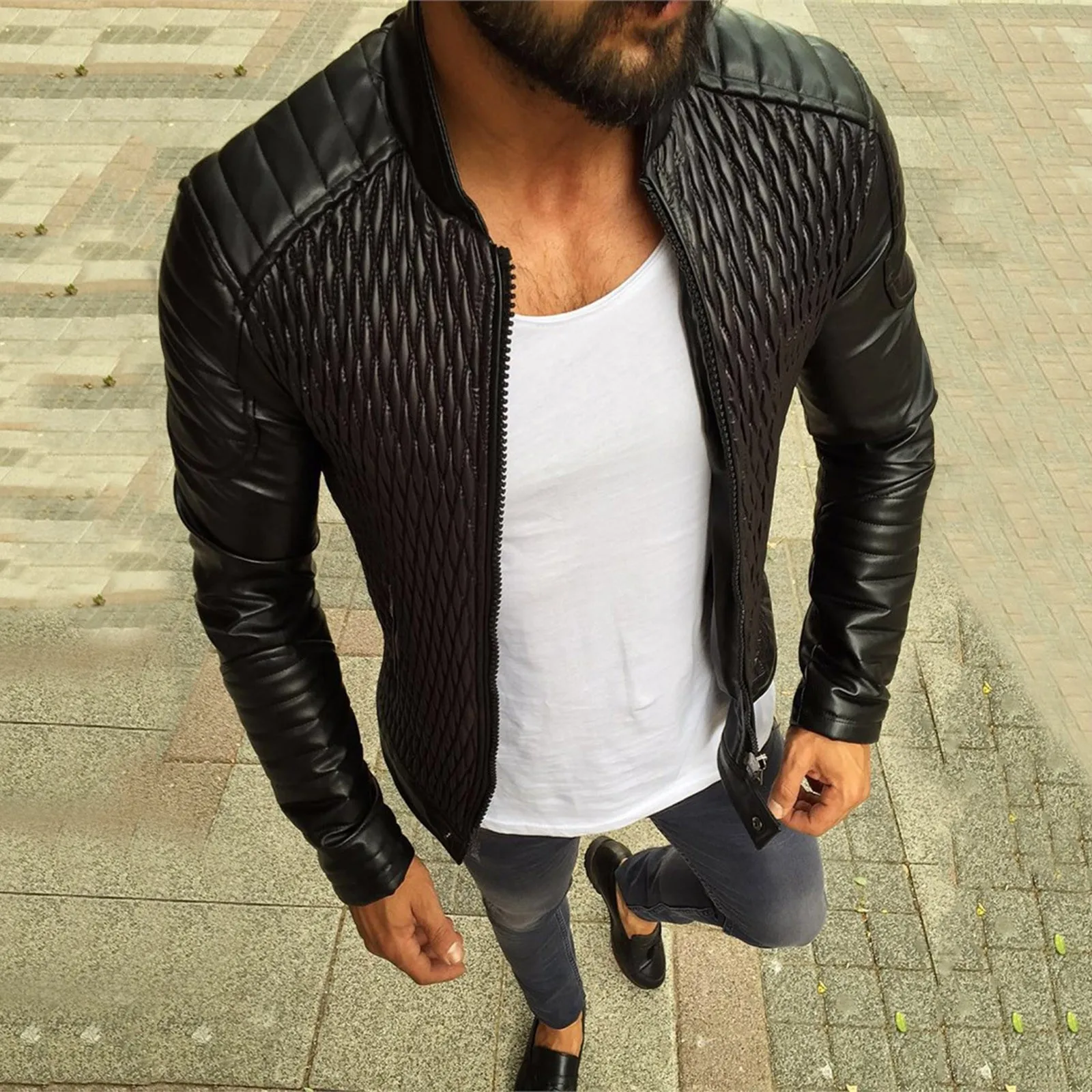 Men Motorcycle Bomber Jacket Casual Faux Leather Zipper Stand Collar Leather Jacket With Pocket Fashion Male Top Blouse