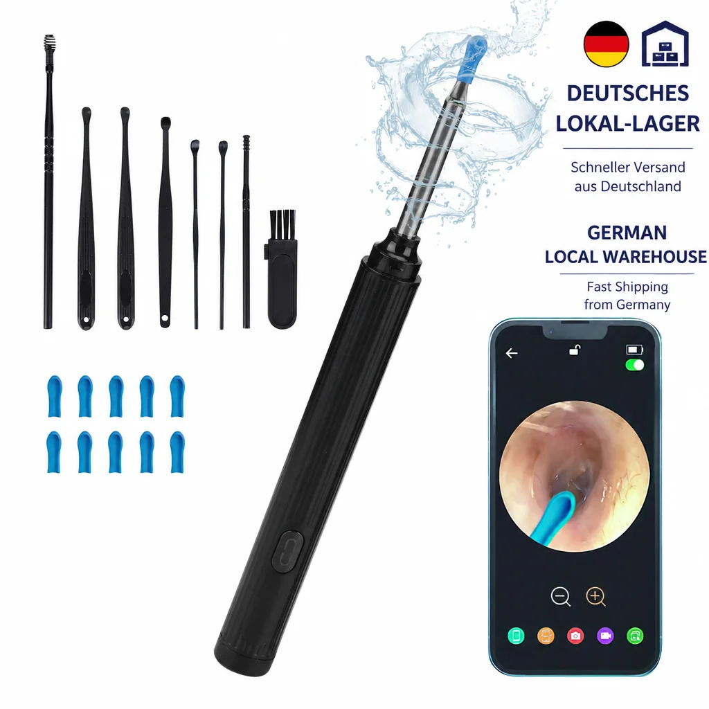 Kabelloses Ohrenschmalz-Entfernungsgerät mit 8-teiligem Ohrenset - Ohrenkanalreiniger mit 1080P Kamera, Otoskop & LED-Licht - Ohrenreinigungsset mit 10 weichen Silikon-Ohrlöffeln - Ohrenkamera für iOS