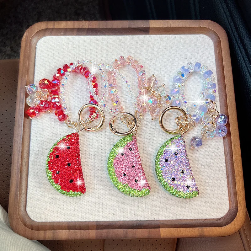 Double-sided Watermelon Car Keychain with Rhinestones, Cute Fruit Bag Accessory for Purse/Car Keys