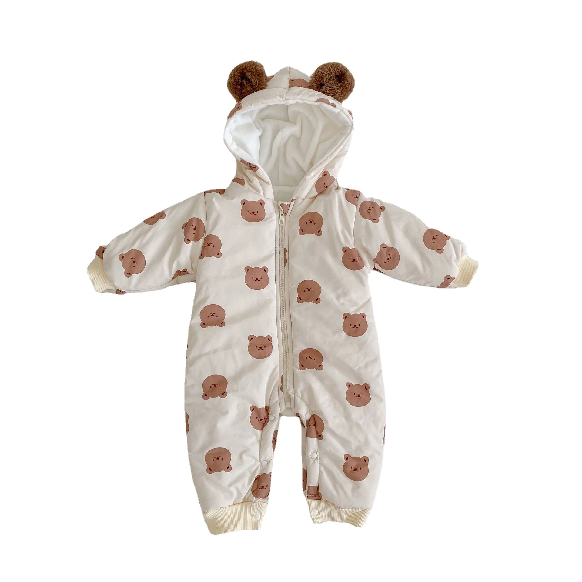 

Winter velvet warm bear print hooded long climbing cotton onesie infant children boys and girls long climbing clothes