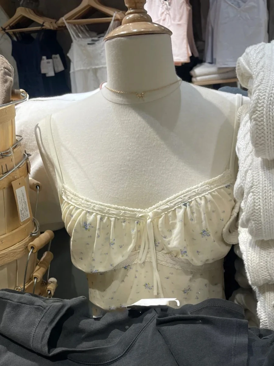 

Blue Floral Mesh Transparent Tank Top Women Lace Trim Drawstring V-neck Camisole Summer Preppy Style Sweet Sexy Crop Tops Y2k