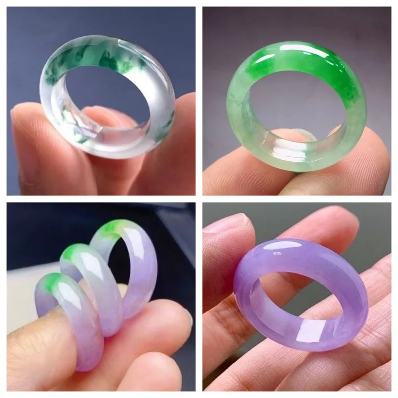 Natural Green Jade Floating Flower 7-9 Ring Chinese Jadeite Amulet Fashion Charm Jewelry Hand Carved Crafts Gifts Women Men