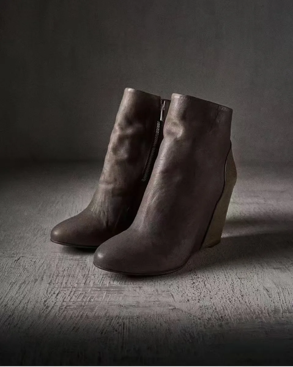 Nuevas Botas Cortas de Mujer para Otoño/Invierno, Color Taupe, de Cuero Desgastado, con Plataforma y Cierre Lateral, Estilo Romano Vintage