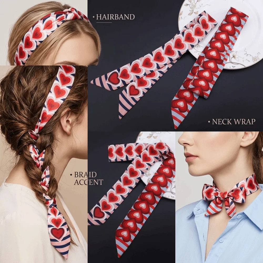 New Striped Slender Scarf Heart Pattern 120cm Length Satin Scarf Double Layer Small Decor Ribbon Scarf Neck Styling