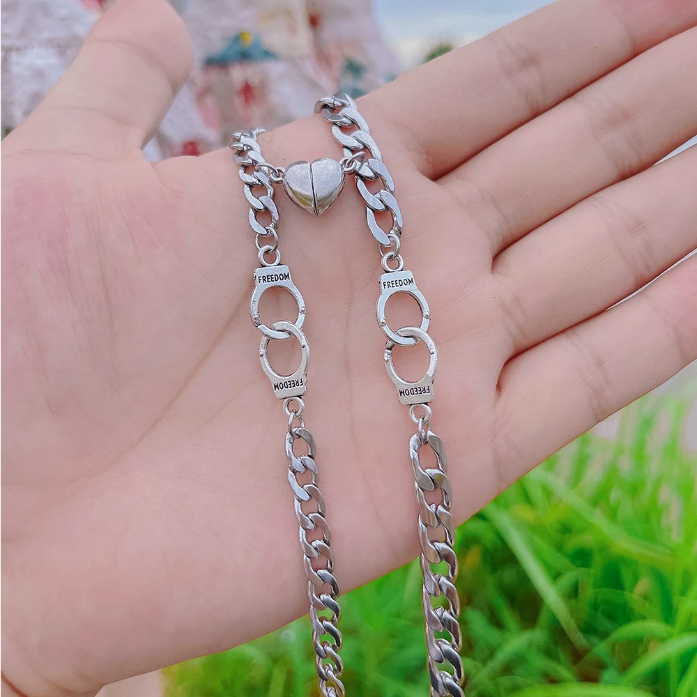 2pcs/set High quality stainless steel love magnet attractive handcuffs bracelets for couples men  women friendship jewelry gifts
