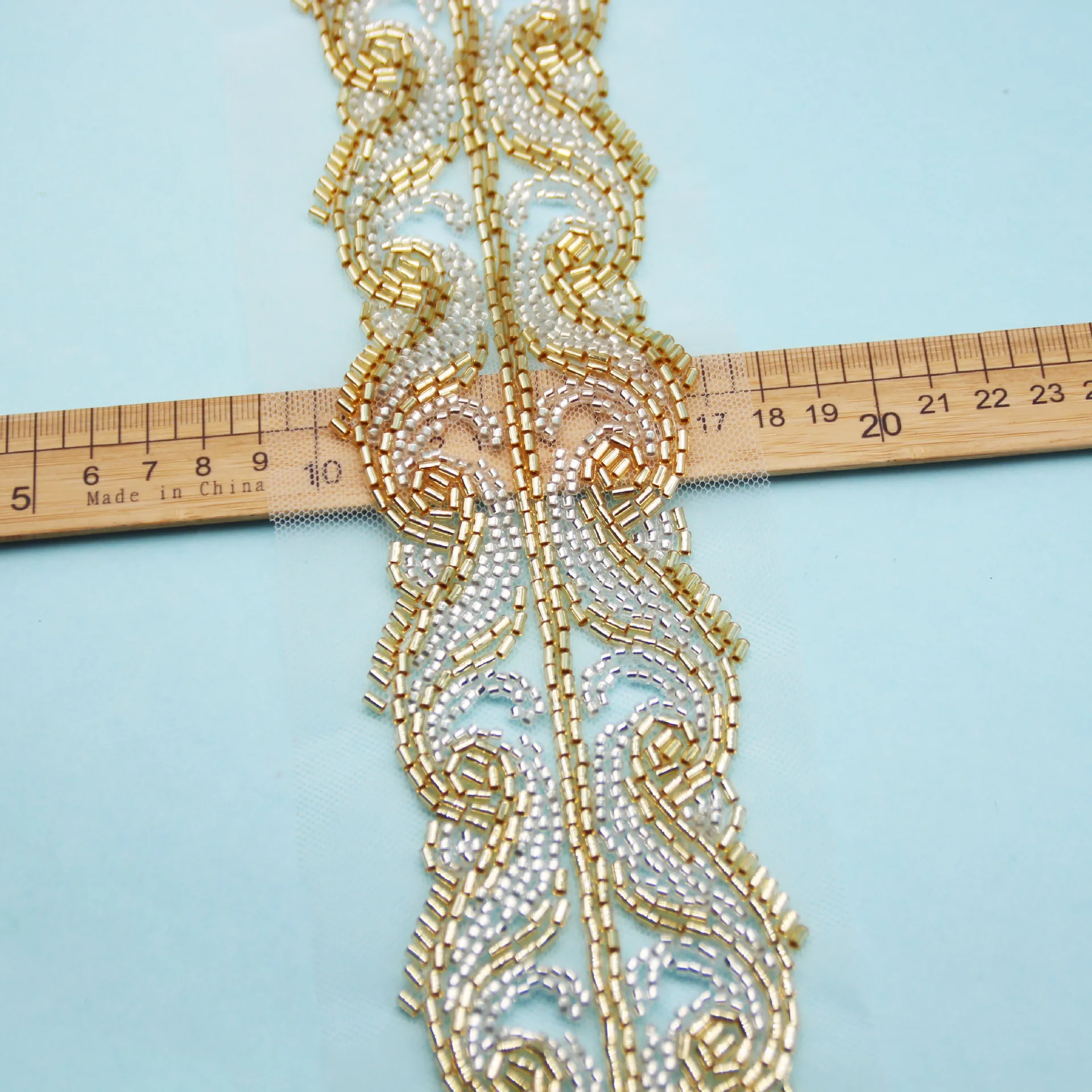 Ethnic Style Gold Bead Pearl Lace Trim Jacket Clothing Wedding Dress Decoration Material Mesh Beaded Lace Trim
